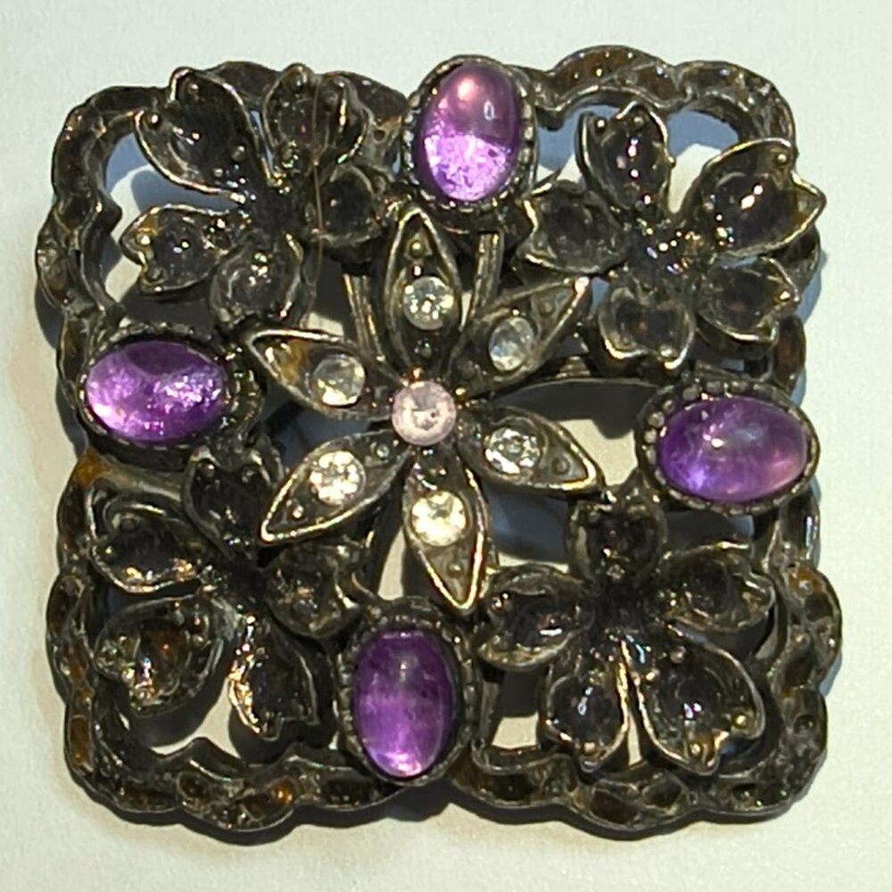 Vintage Amethyst & Marcasite SIlver Flower Brooch      16